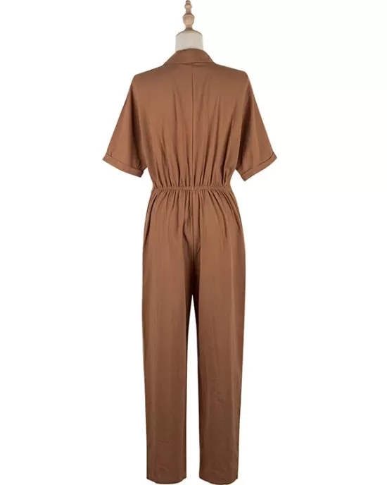 Casual Buckle Solid Color Polo Jumpsuit