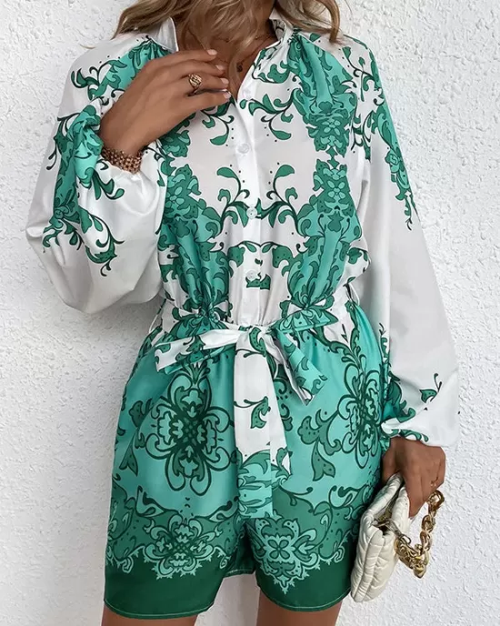 Vacation Puff Sleeves Loose Printed V-Neck Jumpsuit