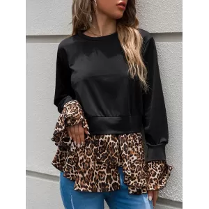 Casual Loose Leopard Patchwork Round-Neck T-Shirt