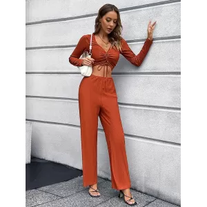 Casual High Waisted Solid Color V-Neck Two Pieces Set