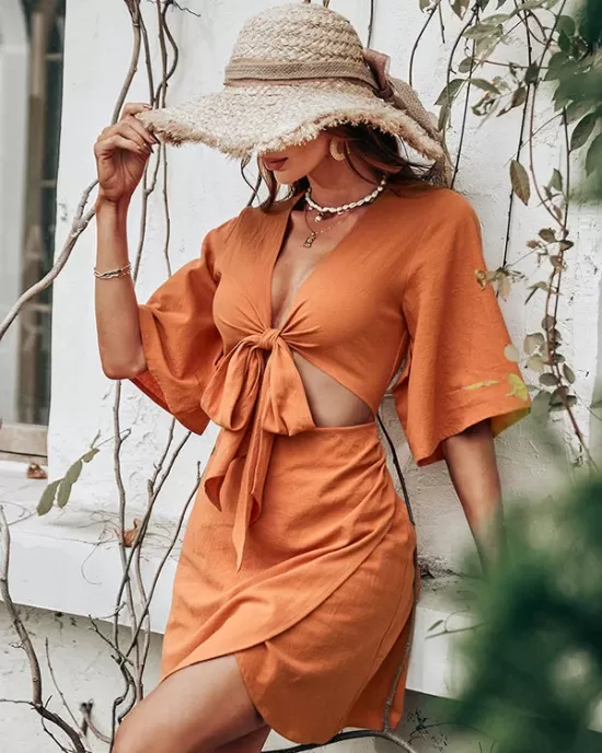 Casual Half Sleeves Solid Color V-Neck Dress