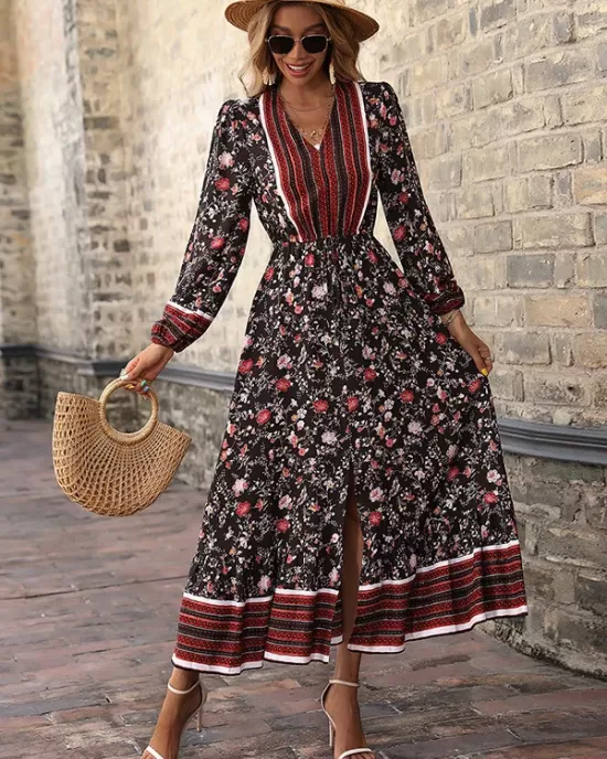 Bohemia Puff Sleeves Floral Printed V-Neck Dress