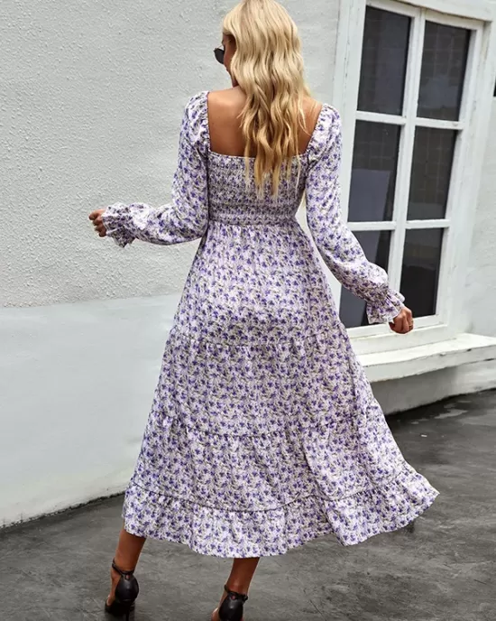 Bohemia Long Sleeves Floral Printed U-Neck Dress