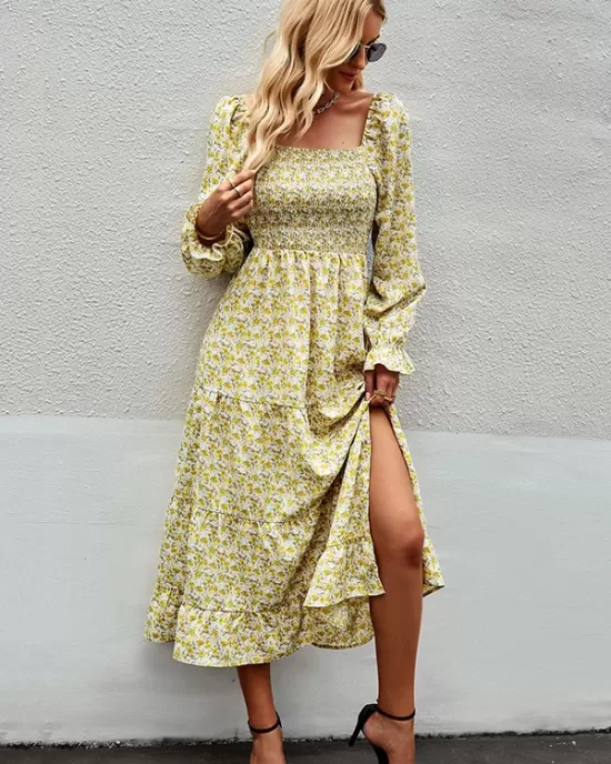 Bohemia Long Sleeves Floral Printed U-Neck Dress