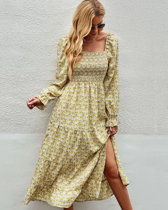 Bohemia Long Sleeves Floral Printed U-Neck Dress