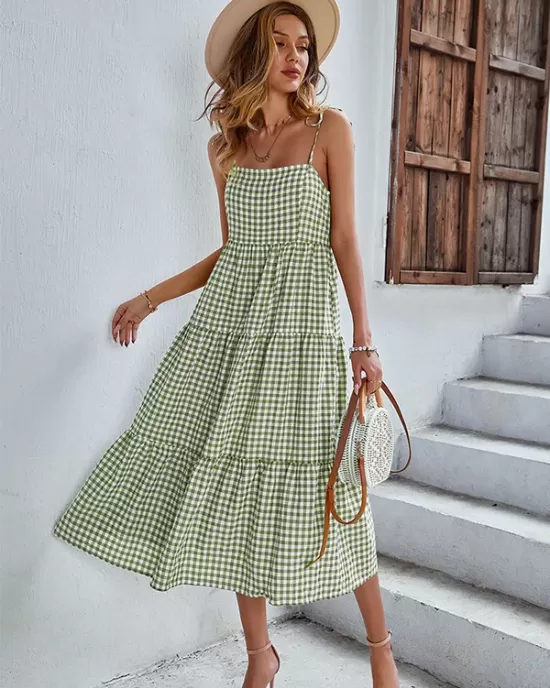 Bohemia A-Line Sleeveless Plaid  Dress