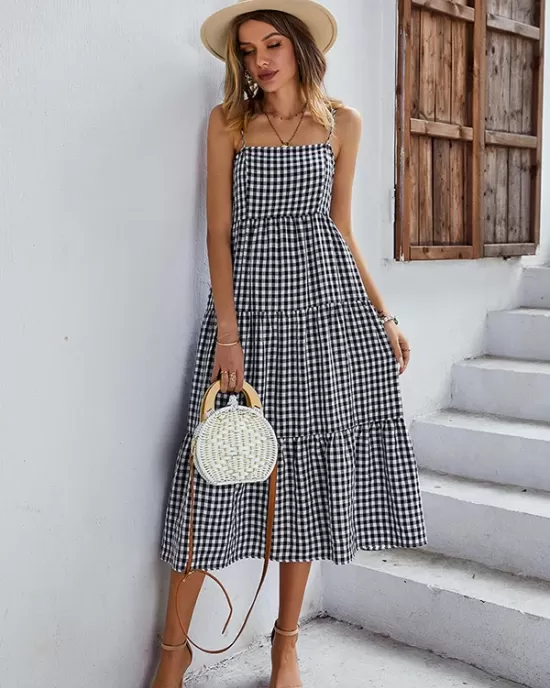 Bohemia A-Line Sleeveless Plaid  Dress