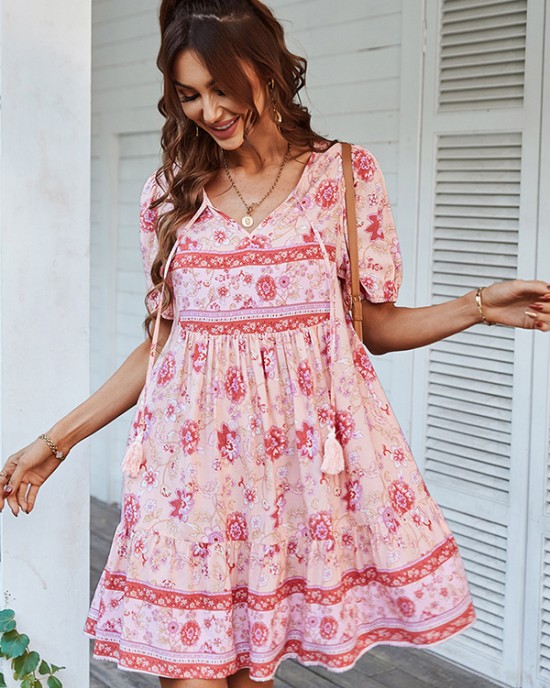 Bohemia High Waisted Floral V-Neck Dress