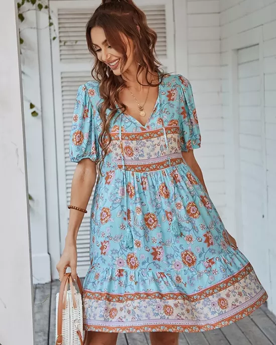 Bohemia High Waisted Floral V-Neck Dress