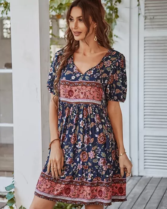 Bohemia High Waisted Floral V-Neck Dress