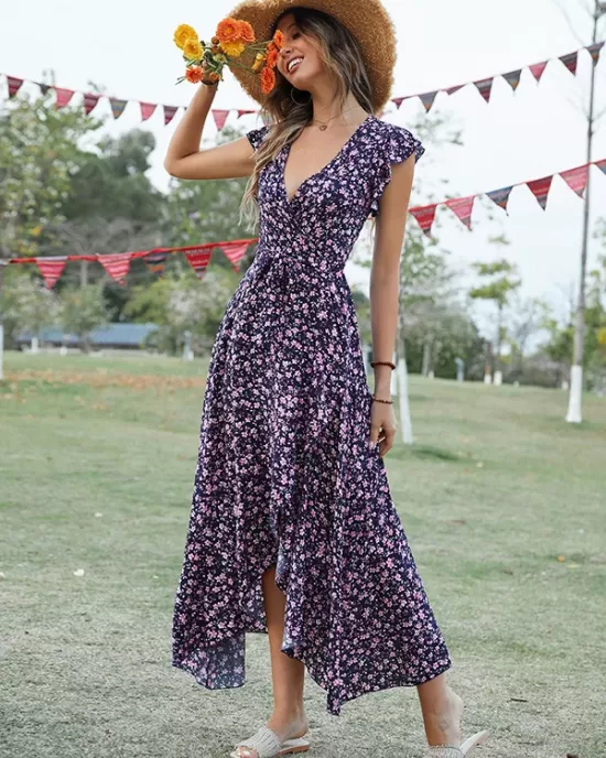 Vacation Irregularity Floral V-Neck Dress