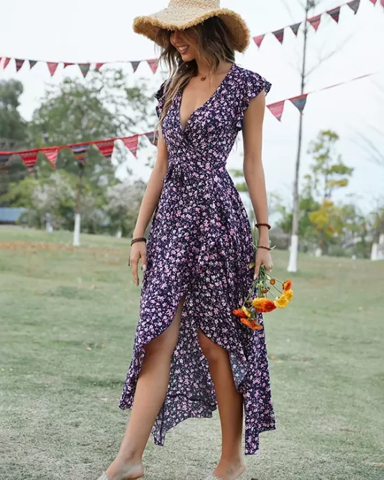 Vacation Irregularity Floral V-Neck Dress