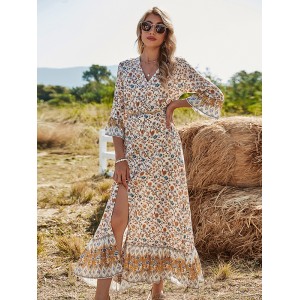 Vacation Flared Sleeves Buckle V-Neck Maxi Dress