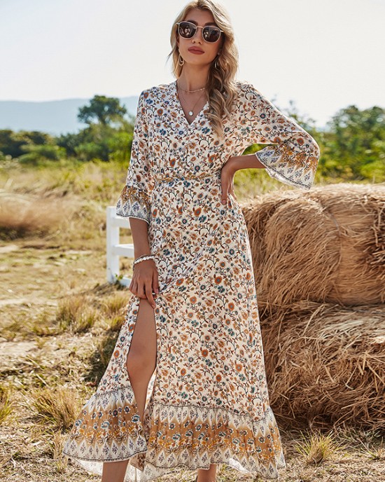 Vacation Flared Sleeves Buckle V-Neck Maxi Dress