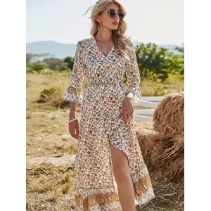 Vacation Flared Sleeves Buckle V-Neck Maxi Dress