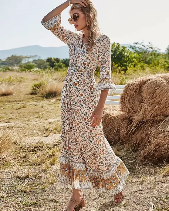 Vacation Flared Sleeves Buckle V-Neck Maxi Dress