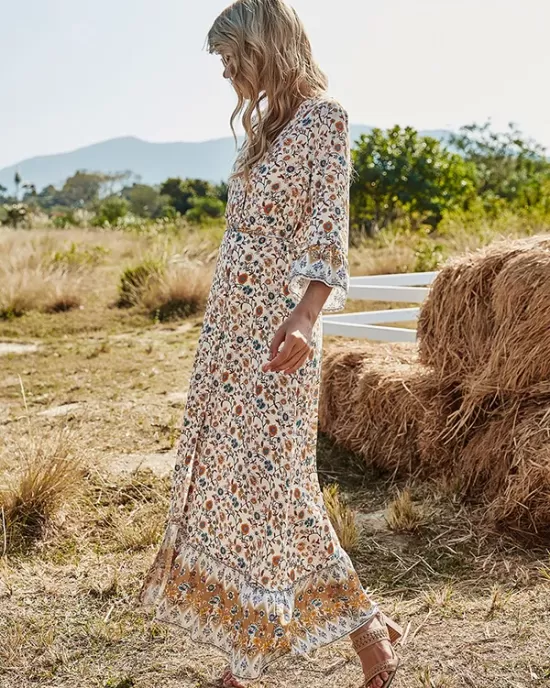 Vacation Flared Sleeves Buckle V-Neck Maxi Dress