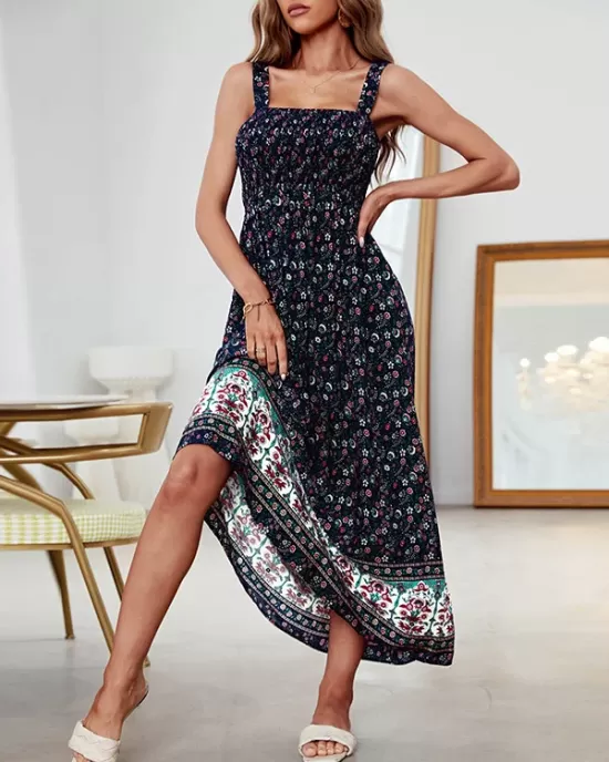 Vacation Sleeveless Floral U-Neck Dress