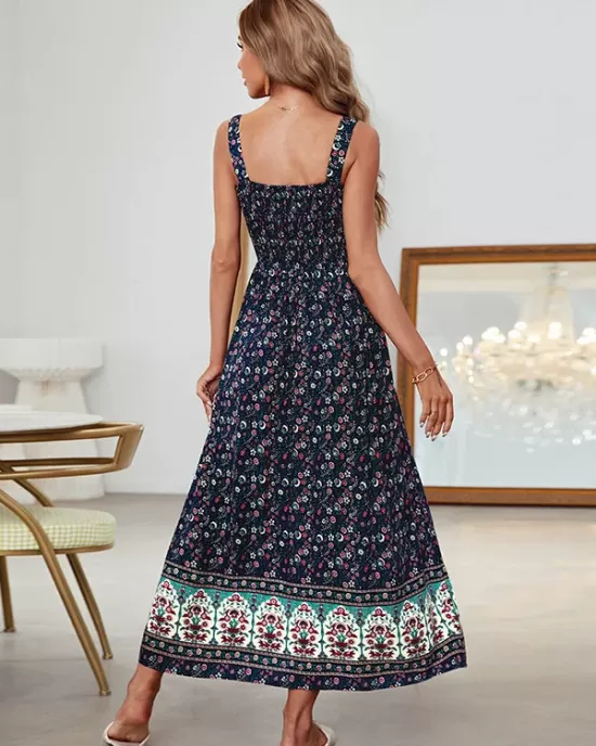 Vacation Sleeveless Floral U-Neck Dress