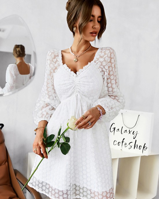 Vacation Puff Sleeves A-Line Solid V-Neck Dress