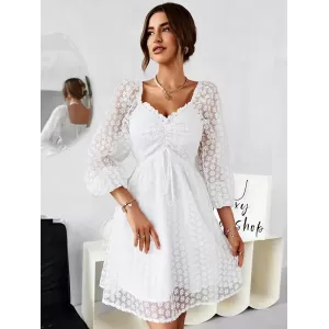 Vacation Puff Sleeves A-Line Solid V-Neck Dress