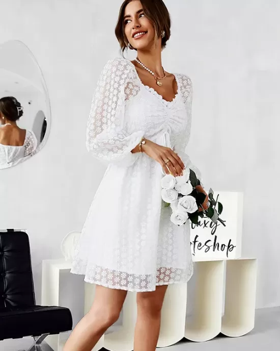 Vacation Puff Sleeves A-Line Solid V-Neck Dress