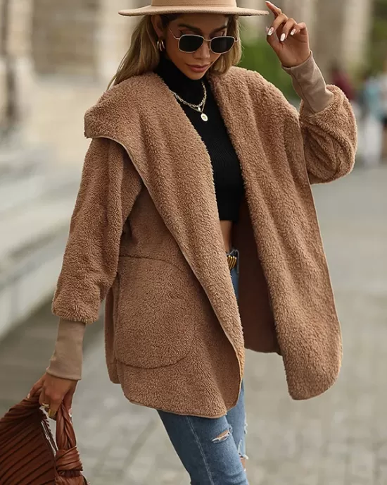 Casual Loose Solid Color Hooded Coat