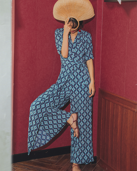 Vacation Loose Floral Printed Lapel Collar Jumpsuit