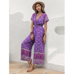 Bohemia Half Sleeves Loose Floral Printed V-Neck Jumpsuit