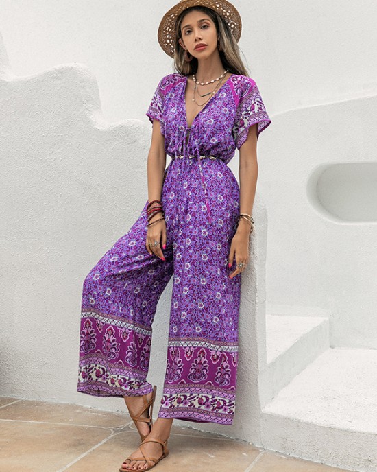 Bohemia Half Sleeves Loose Floral Printed V-Neck Jumpsuit