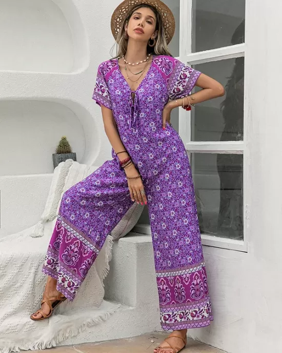 Bohemia Half Sleeves Loose Floral Printed V-Neck Jumpsuit