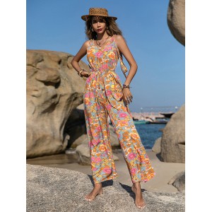 Bohemia Loose Sleeveless Floral Printed V-Neck Jumpsuit