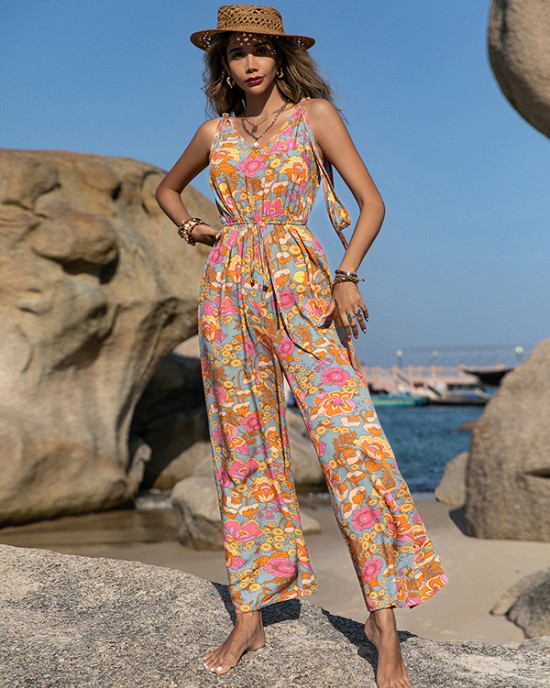 Bohemia Loose Sleeveless Floral Printed V-Neck Jumpsuit