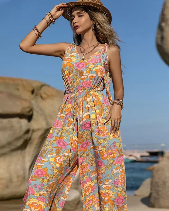 Bohemia Loose Sleeveless Floral Printed V-Neck Jumpsuit