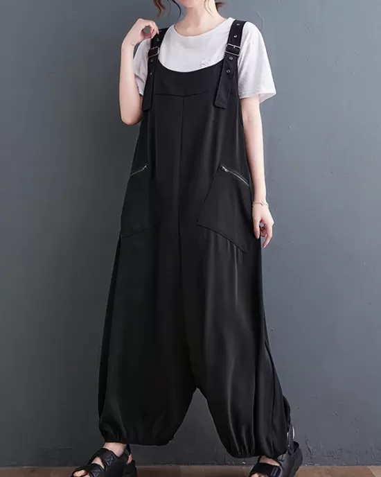 Loose Oversize Solid Color Zipper Jumpsuits Bottoms