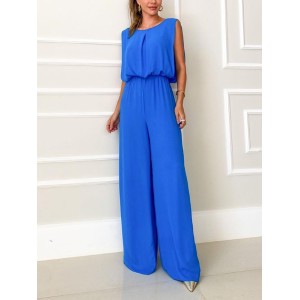 Backless Hollow Solid Color High-Low Wide Leg Round-Neck Jumpsuits Bottoms