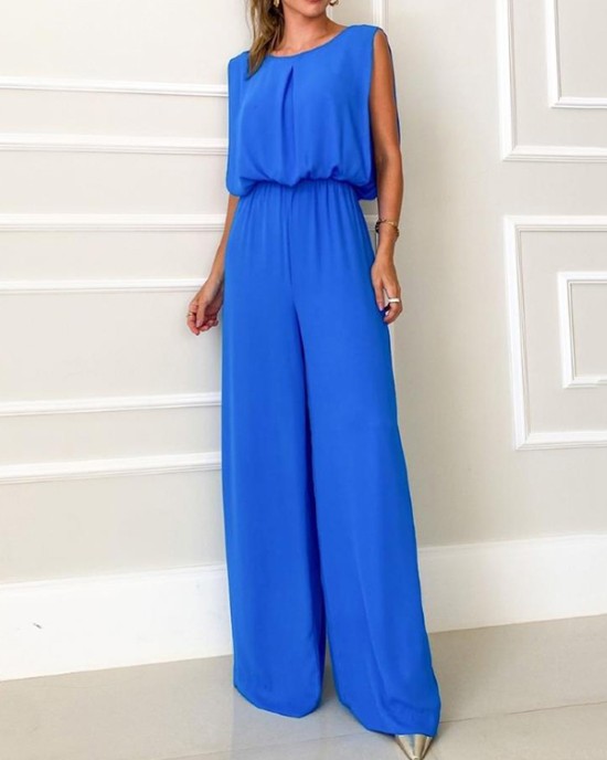 Backless Hollow Solid Color High-Low Wide Leg Round-Neck Jumpsuits Bottoms