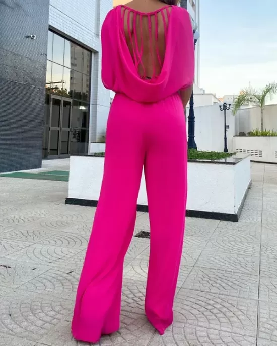 Backless Hollow Solid Color High-Low Wide Leg Round-Neck Jumpsuits Bottoms