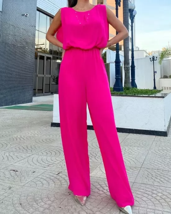 Backless Hollow Solid Color High-Low Wide Leg Round-Neck Jumpsuits Bottoms