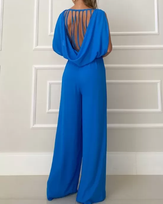 Backless Hollow Solid Color High-Low Wide Leg Round-Neck Jumpsuits Bottoms