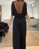 Backless Hollow Solid Color High-Low Wide Leg Round-Neck Jumpsuits Bottoms