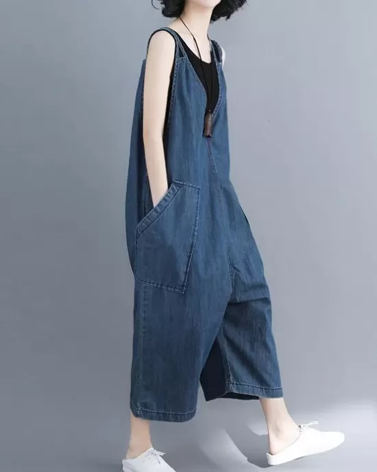 Comfortable V-neck Jeans Jumpsuit