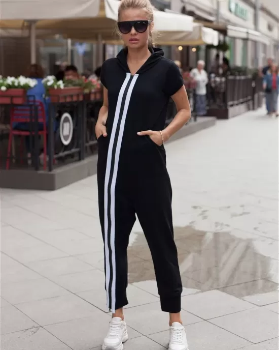 Fashion Stripes Zipper Hooded Jumpsuits