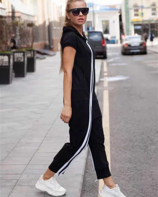 Fashion Stripes Zipper Hooded Jumpsuits