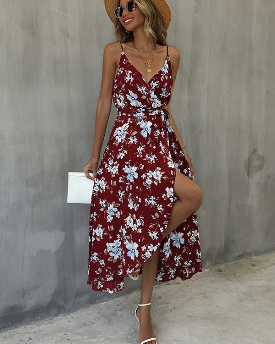 Vacation Sleeveless Floral Printed Backless V-Neck Dress