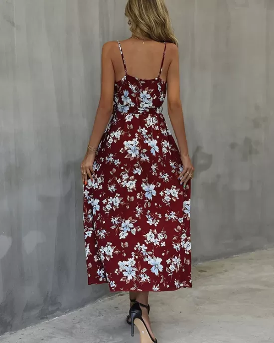 Vacation Sleeveless Floral Printed Backless V-Neck Dress