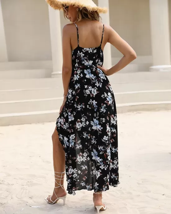 Vacation Sleeveless Floral Printed Backless V-Neck Dress