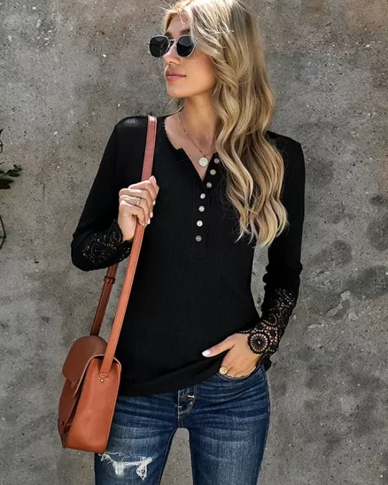 Casual Loose Buckle Solid Deep V-Neck Shirts Top