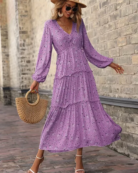 Vacation Puff Sleeves Floral Printed V-Neck Dress