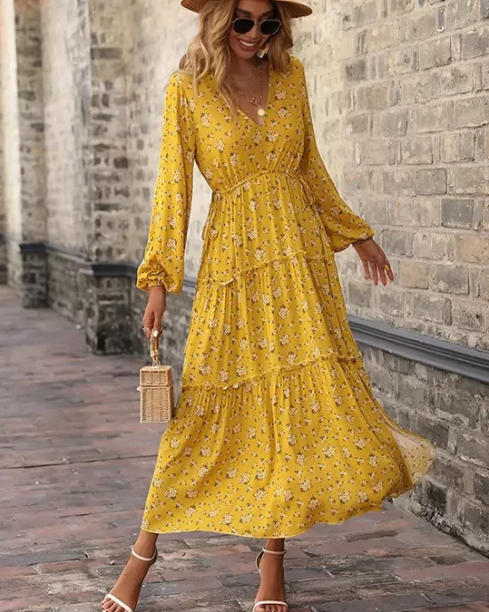 Vacation Puff Sleeves Floral Printed V-Neck Dress